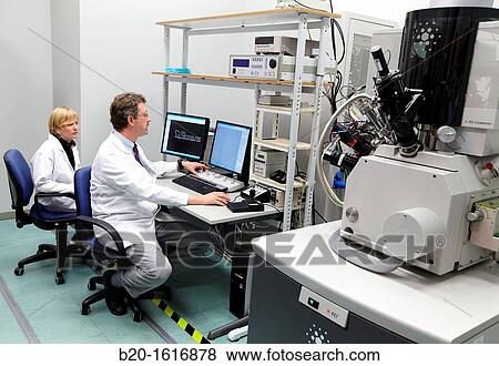 Discussing on SEM images, Analysis of nanostructures and nanodevices, Environmental scanning electron microscopy Laboratory, ESEM, Microscope Quanta TM 250 FEG, High-resolution surface imaging, Investigation of wet and dielectric samples View Large Photo Image Stock Photo - Discussing on SEM images, Analysis of nanostructures and nanodevices, Environmental scanning electron microscopy Laboratory, ESEM, Microscope Quanta TM 250 FEG, High-resolution surface imaging, Investigation of wet and dielectric samples. Fotosearch