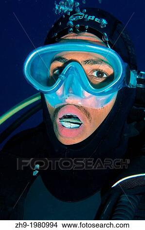 Diver and cleanerfish, Sabre-toothed blenny (Aspidontus taeniatus), Red Sea, Egypt, Africa. View Large Photo Image Picture - Diver and cleanerfish, Sabre-toothed blenny (Aspidontus taeniatus), Red Sea, Egypt, Africa.. Fotosearch