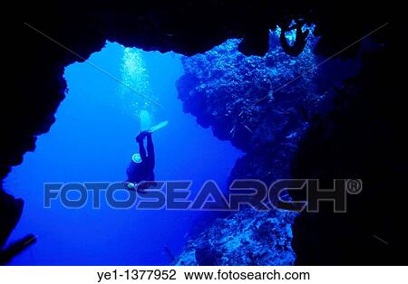 Diver swimming out of a cave View Large Photo Image Stock Image - Diver swimming out of a cave. Fotosearch