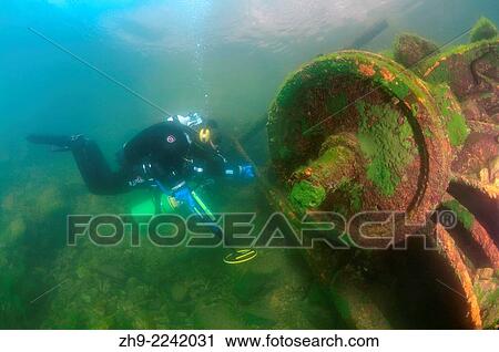 Stock Image - Diver with the metal detector searching for underwater treasure, lake Baikal, Siberia, Russia, Eurasia.. Fotosearch