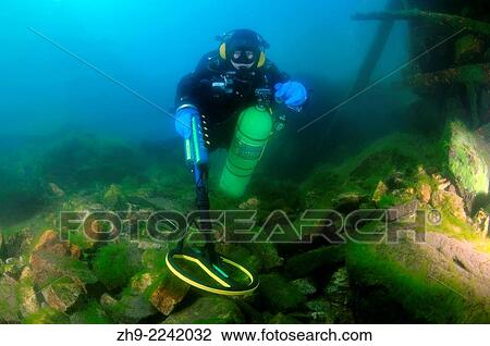 Stock Image - Diver with the metal detector searching for underwater treasure near to the wrack railway carriage, lake Baikal, Siberia, Russia, Eurasia.. Fotosearch