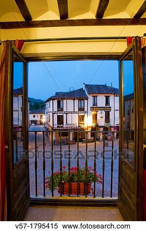 Stock Photography - Doa Urraca Square, night view from an open window. Covarrubias, Burgos province, Castilla Leon, Spain.. Fotosearch