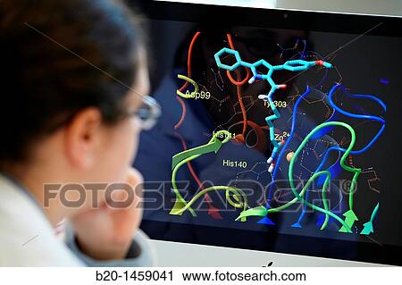 Stock Image - Docking, 3D computational model to simulate the molecular dynamics of proteins to develop new drugs, research lab, IkerChem research lab, design and synthesis of new chemical entities with therapeutic applications in oncology. Fotosearch