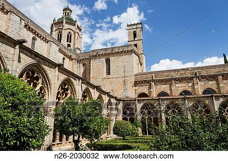 Stock Image - Dome and cloister of Royal Monastery of Santa Maria de Santes Creus. XIIIth century. Aiguamurcia, Alt Camp, Tarragona, Catalonia, Spain.. Fotosearch