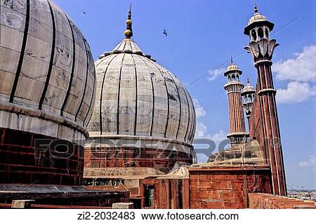 Stock Image - Domes and minarets of Jama Masjid or Friday Mosque, Delhi, India. Fotosearch