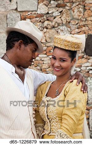 Stock Photo - Dominican Republic, La Romana, Altos de Chavon, Dominican dancing couple in costume, R, MR-DRE-09-04, MR-DRE-09-05. Fotosearch