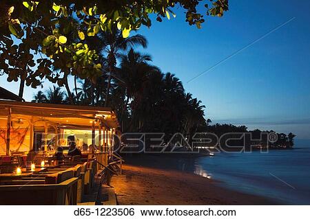 Dominican Republic, Samana Peninsula, Las Terrenas, Playa Las Terrenas beach, beach bar, evening View Large Photo Image Stock Photograph - Dominican Republic, Samana Peninsula, Las Terrenas, Playa Las Terrenas beach, beach bar, evening. Fotosearch