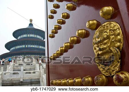 Door at the Temple of heaven with view of the Hall of Prayer for Good Harvests, Beijing, China. View Large Photo Image Stock Photo - Door at the Temple of heaven with view of the Hall of Prayer for Good Harvests, Beijing, China.. Fotosearch