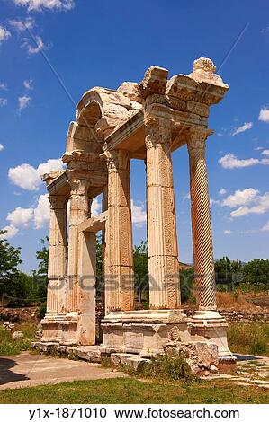 Stock Image - Double Tetrapylon Gate, Aphrodisias, Turkey A tetrapylon? four gates? is an ancient type of Roman monument of cubic shape, with a gate on each of the four sides: generally it was built on a crossroads. Fotosearch