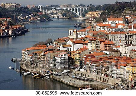 Stock Photography - Douro river view from Jardim Do Morro, Arrabida bridge (1963) in background, Porto, Portugal. Fotosearch