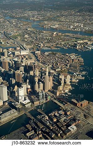 Downtown aerial view, 3500?, Fort Point Channel at bottom, looking north over Charlestown, Boston, Massachusetts, USA View Large Photo Image Stock Image - Downtown aerial view, 3500?, Fort Point Channel at bottom, looking north over Charlestown, Boston, Massachusetts, USA. Fotosearch
