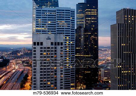 Downtown, Seattle, Washington at Dawn View Large Photo Image Picture - Downtown, Seattle, Washington at Dawn. Fotosearch