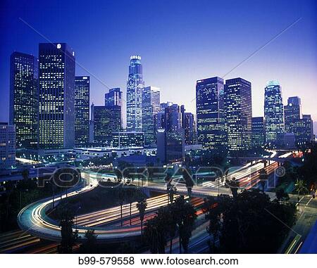 Downtown skyline & harbor freeway, Los Angeles, California, USA. View Large Photo Image Stock Photo - Downtown skyline & harbor freeway, Los Angeles, California, USA.. Fotosearch