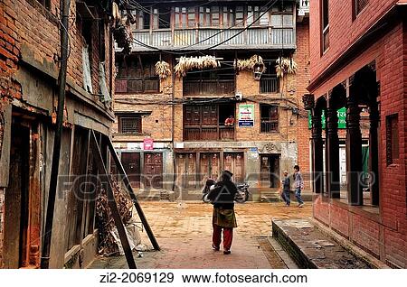 Stock Photo - Downtown street with Newari traditional architecture, Bhaktapur, Nepal. Fotosearch