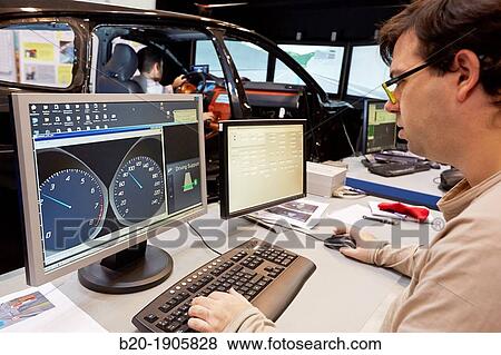 Stock Photo - Driving Simulator Test Validation of eco-driving systems, platooning systems road trains, driver behavior to different types of situations acoustic, visual or vibro-tactile. Fotosearch