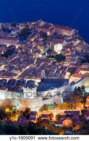 Stock Image - Dubrovnik old town night view, Croatia. Fotosearch