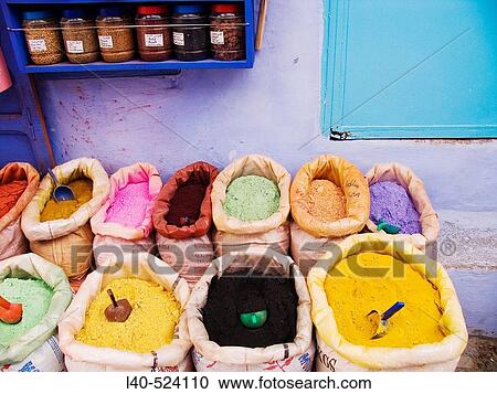 Stock Image - Dyes in a shop, Chefchaouen. Morocco. Fotosearch