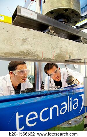 Stock Image - Dynamic test of fatigue, Concrete samples, Research on building materials, Tecnalia Research & Innovation, Zamudio, Bizkaia, Basque Country, Spain. Fotosearch