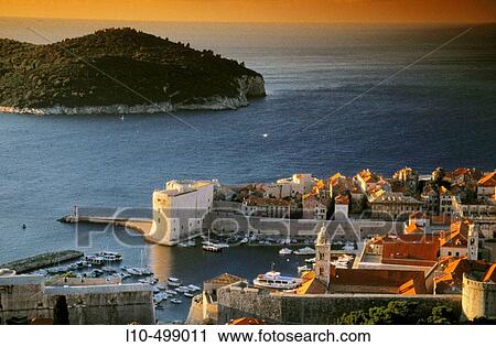 Early morning over old town Dubrovnick and old harbor, Lokrum Island in Adriatic Sea. Croatia View Large Photo Image Stock Image - Early morning over old town Dubrovnick and old harbor, Lokrum Island in Adriatic Sea. Croatia. Fotosearch
