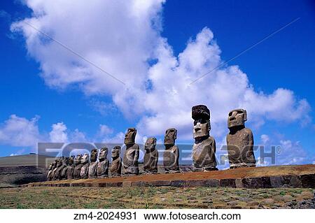 EASTER ISLAND, AHU TONGARIKI, MOAI STATUES. View Large Photo Image Stock Image - EASTER ISLAND, AHU TONGARIKI, MOAI STATUES.. Fotosearch