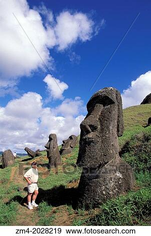 EASTER ISLAND, RANO RARAKU, QUARRY, MOAI STATUES, TOURIST. View Large Photo Image Stock Photo - EASTER ISLAND, RANO RARAKU, QUARRY, MOAI STATUES, TOURIST.. Fotosearch
