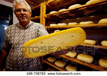 Stock Image - Ecological cheese from the milk of a local cattle breed, Algendaret Nou typical farm. Mao, Minorca, Balearic Islands, Spain. Fotosearch
