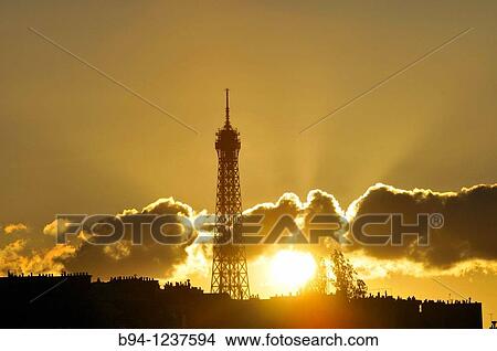 Picture - Eiffel tower at sunset, Paris, France. Fotosearch