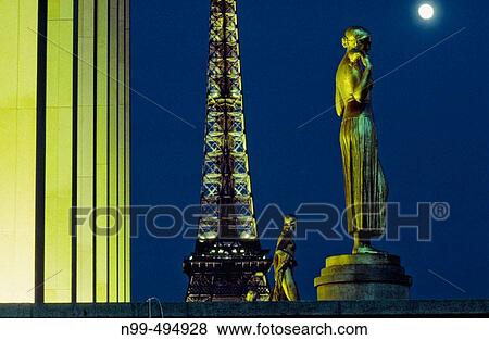 Eiffel tower, view from Palais Chaillot, Trocad? ro, columns and statue, moon, Paris. France View Large Photo Image Stock Photo - Eiffel tower, view from Palais Chaillot, Trocad? ro, columns and statue, moon, Paris. France. Fotosearch