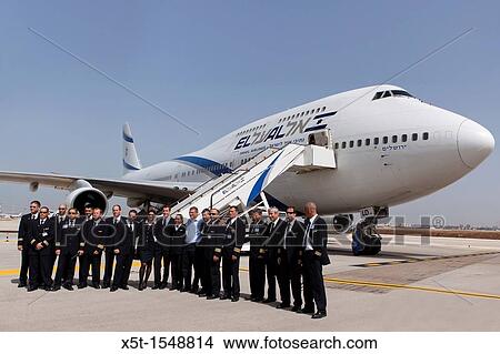 El Al flight crew stand with Eliezer Shkedi El Al CEO centre in front of a Boeing 747 passenger plane View Large Photo Image Picture - El Al flight crew stand with Eliezer Shkedi El Al CEO centre in front of a Boeing 747 passenger plane. Fotosearch