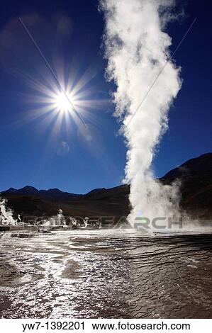 Stock Image - El Tatio Geyser Field locally known as Los G? iseres del Tatio is located within the Andes Mountains of northern Chile at 4, 200 meters above mean sea level, 80 km north of San Pedro de Atacama, Antofagasta region. Fotosearch