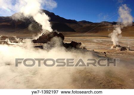 Stock Photo - El Tatio Geyser Field locally known as Los G? iseres del Tatio is located within the Andes Mountains of northern Chile at 4, 200 meters above mean sea level, 80 km north of San Pedro de Atacama, Antofagasta region. Fotosearch