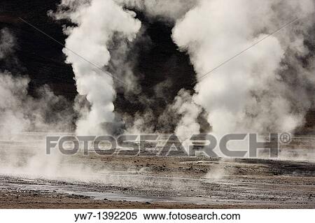 Stock Photography - El Tatio Geyser Field locally known as Los G? iseres del Tatio is located within the Andes Mountains of northern Chile at 4, 200 meters above mean sea level, 80 km north of San Pedro de Atacama, Antofagasta region. Fotosearch