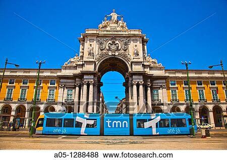 Stock Photo - Electric tramway, Rua Augusta, Triumphal Arch of Pra? a do Com? rcio (Commerce square), Lisbon, Portugal.. Fotosearch
