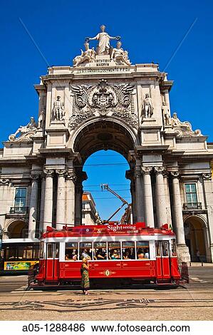 Electric tramway, Rua Augusta, Triumphal Arch of Pra? a do Com? rcio (Commerce square), Lisbon, Portugal. View Large Photo Image Stock Photograph - Electric tramway, Rua Augusta, Triumphal Arch of Pra? a do Com? rcio (Commerce square), Lisbon, Portugal.. Fotosearch
