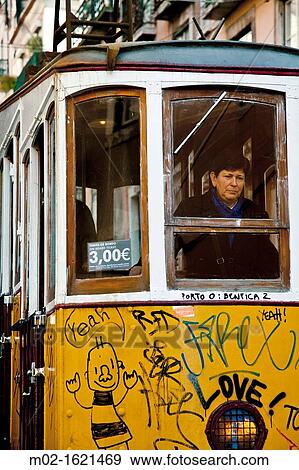 Stock Photo - Elevador da Bica, elevator, tram, funicular between Tejo and Bairra Alto district, historic centre of Lisbon, Lisboa, Portugal, Europe. Fotosearch