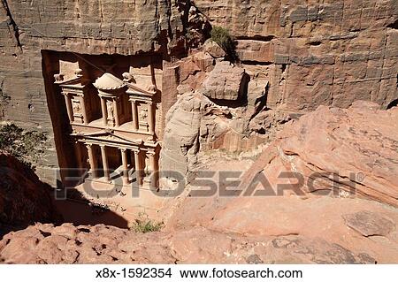 Elevated view of Al Khazneh or Treasury, Petra, Jordan View Large Photo Image Picture - Elevated view of Al Khazneh or Treasury, Petra, Jordan. Fotosearch