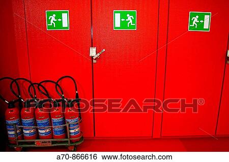 Emergency exit fire extinguisher View Large Photo Image Stock Photograph - Emergency exit fire extinguisher. Fotosearch