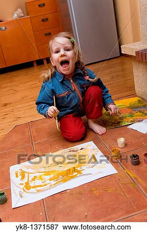 Emotional Shouting Three Year Old Girl Painting View Large Photo Image Stock Photo - Emotional Shouting Three Year Old Girl Painting. Fotosearch