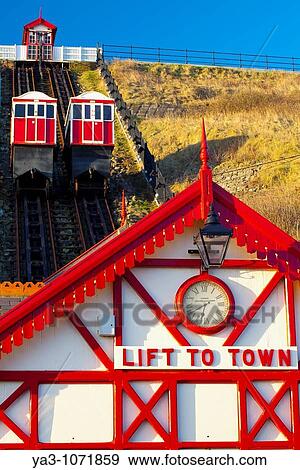 England, Cleveland, Saltburn-by-the-Sea View looking towards the top of the funicular railway, one of the world's oldest water-powered cliff lifts, from the station near the pier View Large Photo Image Stock Photo - England, Cleveland, Saltburn-by-the-Sea View looking towards the top of the funicular railway, one of the world's oldest water-powered cliff lifts, from the station near the pier. Fotosearch