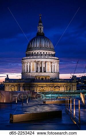 Picture - England, London, The City, St. Paul's Cathedral from One New Change, dusk.. Fotosearch