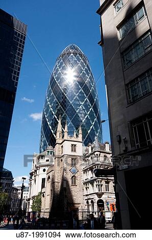 Picture - England, London, The Swiss Re Building? Gherkin?, Sir Norman Foster Building.. Fotosearch