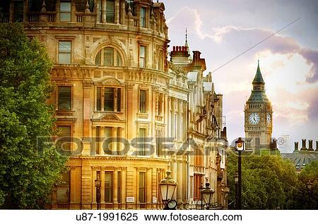 Stock Photography - England, London, Trafagar Square, Big Ben on Horizon.. Fotosearch