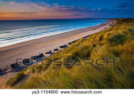 Stock Image - England, Northumberland, Druridge Bay A dramatic expanse of sand dunes fringing the picturesque beach at Druridge Bay, viwed shortly after sunrise. Fotosearch