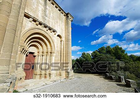 Stock Image - entrance to the Romanesque hermitage of Santiago, twelfth century, Aguero, Huesca, Aragon, Spain. Fotosearch