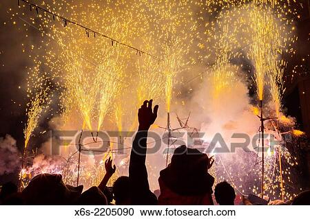 Stock Image - Escald? rium, Traditional party of fire and water in Caldes de Montbui village performed yearly during July, Vall's Oriental, Barcelona, Spain.. Fotosearch