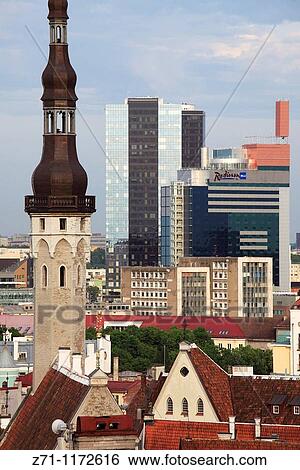 Estonia, Tallinn, Town Hall Tower, skyline, modern architecture, View Large Photo Image Stock Photograph - Estonia, Tallinn, Town Hall Tower, skyline, modern architecture,. Fotosearch