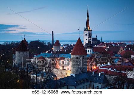 Estonia, Troompea area, Old Town view from Troopea, dusk View Large Photo Image Stock Photo - Estonia, Troompea area, Old Town view from Troopea, dusk. Fotosearch