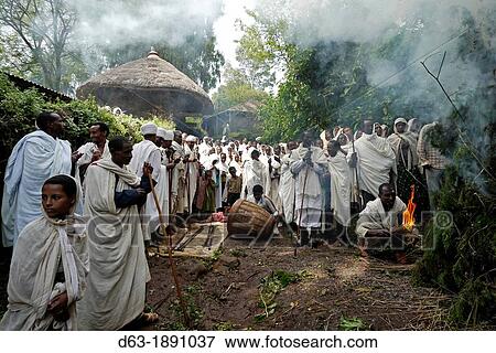 Stock Photo - ETHIOPIA Beta Giorgis church and monastery, Zege Peninsula, Lake Tana Local villagers performing Meskal Day ceremony. Fotosearch