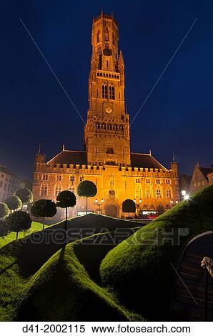 Europe, Belgium, Bruges, Belfry tower dusk. View Large Photo Image Stock Photography - Europe, Belgium, Bruges, Belfry tower dusk.. Fotosearch