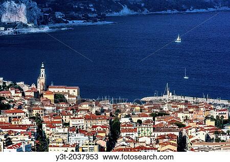 Europe, France, Alpes-Maritimes, Menton. Bay of Menton, the old town with the Basilica of Saint-Michel and its bell tower. View Large Photo Image Stock Image - Europe, France, Alpes-Maritimes, Menton. Bay of Menton, the old town with the Basilica of Saint-Michel and its bell tower.. Fotosearch